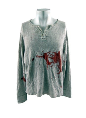 I, Zombie Principal Zombie Bloody Shirt Movie Costumes: The zombie apocalypse has arrived with the feature I, Zombie (2013) and this is Principal Zombie's grey waffle weave long sleeve 'J. Crew' bloody henley shirt. It is a size XL and was used in the maki