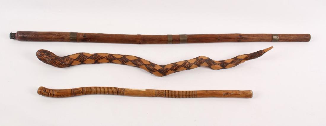 3 CARVED DESIGN WOODEN WALKING STAFFS (1 of 4)
