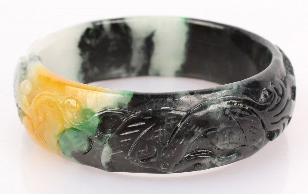 CARVED CHINESE BLACK & YELLOW JADE BANGLE BRACELET (1 of 4)