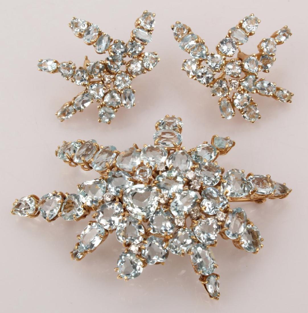 14K YELLOW GOLD AQUAMARINE BROOCH & EARRINGS (1 of 5)