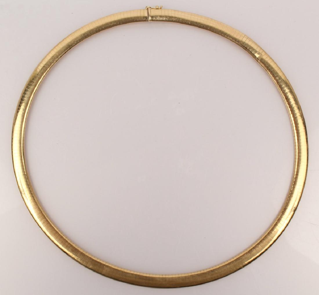 LADIES 14K YELLOW GOLD ROUNDED OMEGA NECKLACE: LADIES 14K YELLOW GOLD ROUNDED OMEGA NECKLACE Ladies rounded 7MM Omega necklace. Heavy 14K domestic manufacturing. Integrated box clasp with safety latch. Inside dimensions for 16" neck. Weight: 49.9 