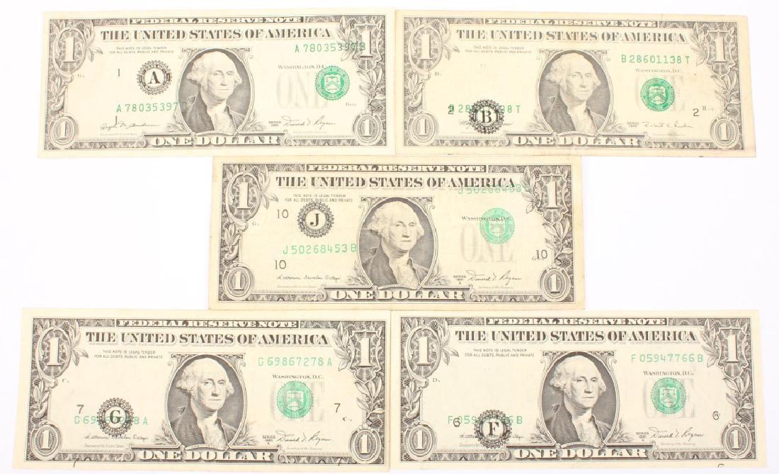 5 $1.00 FEDERAL RESERVE MISALIGNED ERROR NOTES: 5 $1.00 FEDERAL RESERVE MISALIGNED ERROR NOTES Lot of 5 One Dollar Federal Reserve Notes, each with Misalignment errors to the obverses. Four from the 1981 Series, one from the 1995 series.