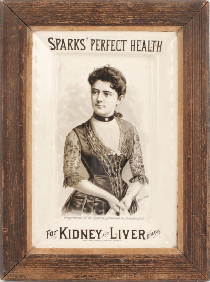 SPARKS' PERFECT HEALTH IRONSTONE ADVERTISING TRAY: SPARKS' PERFECT HEALTH IRONSTONE ADVERTISING TRAY Framed Ironstone advertising tray by Sparks' Medicine Company depicting black and white "Mrs. Cleveland" "For Kidney and Liver Diseases". Set in woode