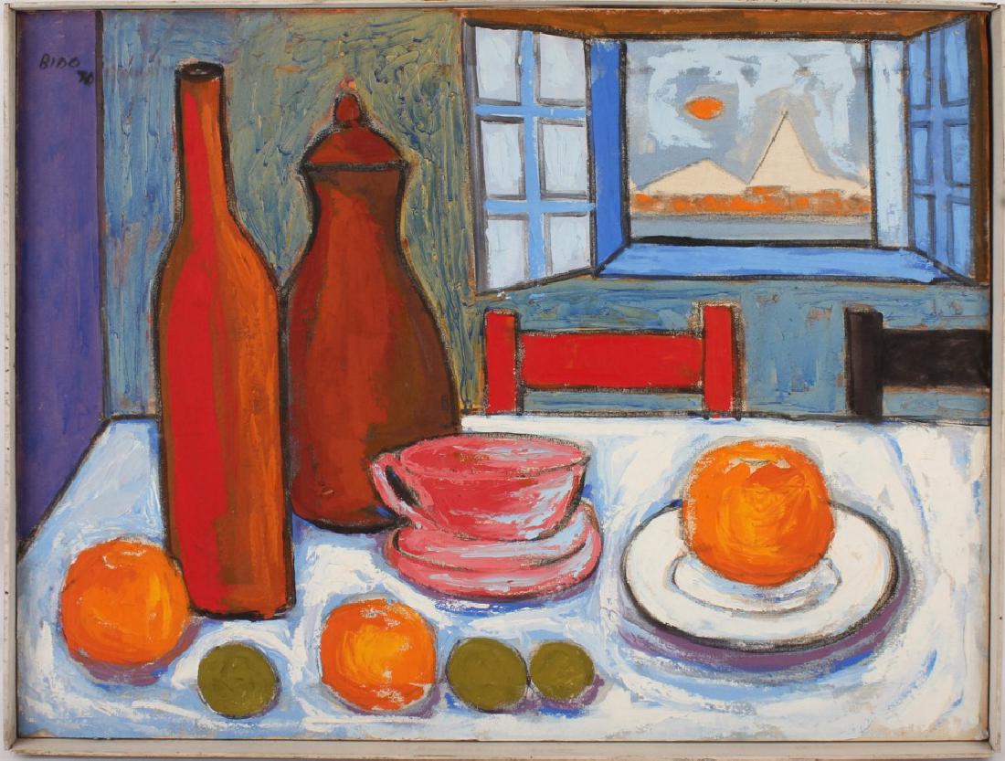 BIDO TABLE WITH FRUIT STILL LIFE OIL ON CANVAS: BIDO TABLE WITH FRUIT STILL LIFE OIL ON CANVAS Table with fruit still life oil on canvas, set in a white frame. Signed "Bido" and dated 1970. Size: 30.25 x 23.5"