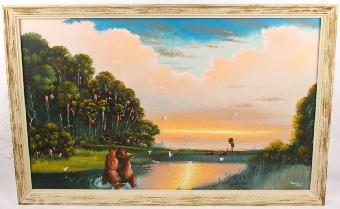 JOHNNY DANIELS FLORIDA HIGHWAYMEN WETLAND W/ BEARS: JOHNNY DANIELS FLORIDA HIGHWAYMEN WETLAND W/ BEARS Johnny Daniels (American, 1954-2009), Florida Highwaymen artist, oil on masonite, depicting a rural wetland scene with bears. Signed in the lower rig