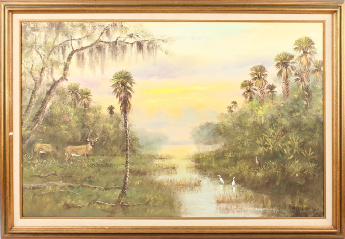 R.A. MCLENDON OIL ON CANVAS SUNRISE WETLAND: R.A. MCLENDON OIL ON CANVAS SUNRISE WETLAND R.A. (Roy) McLendon (American, b.1932), Florida Highwaymen Artist, oil on canvas depicting a sunrise wetland scene. Set in a gilt frame. Signed in the lower