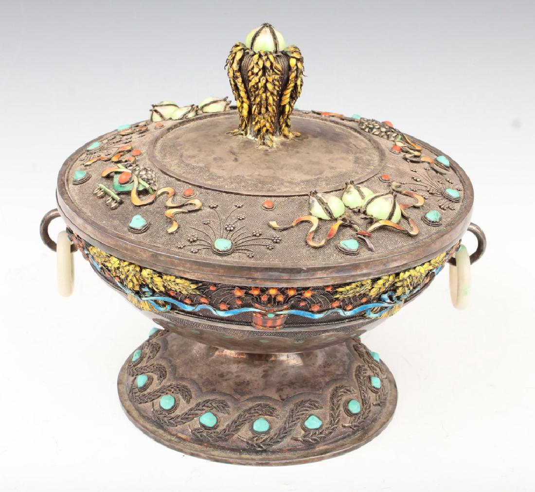 CHINESE SILVER ENAMEL, TURQUOISE & JADE LIDDED VESSEL (1 of 9)