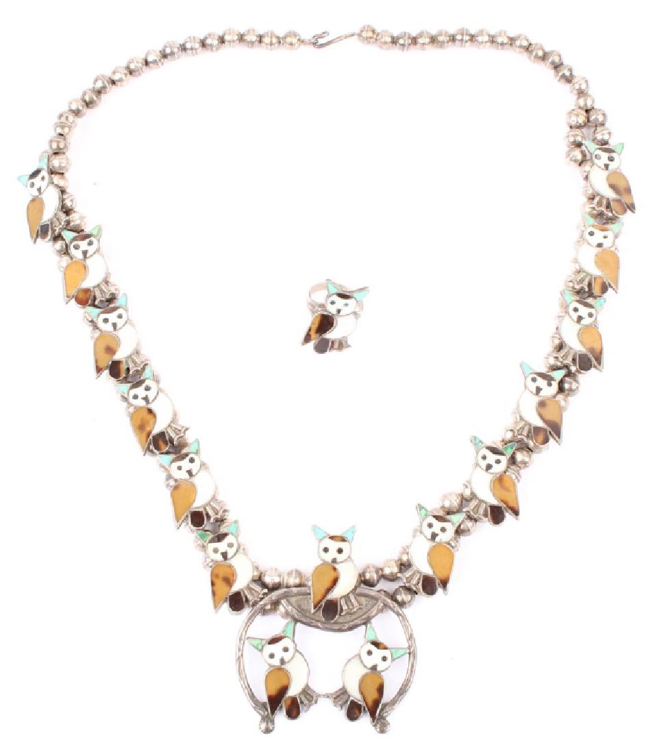 STERLING SILVER ZUNI OWL MOTIF NECKLACE & RING (1 of 4)