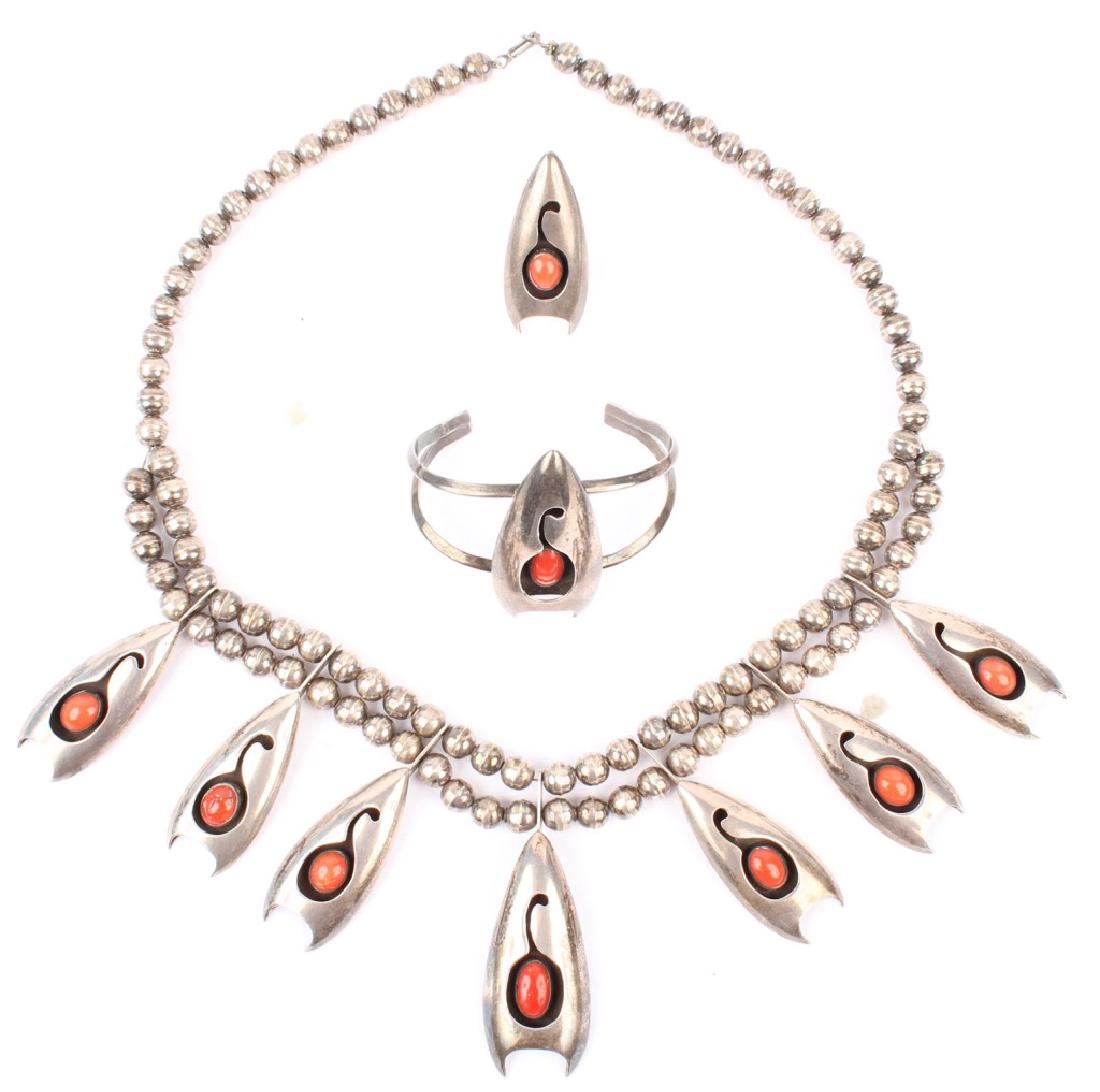 STERLING SILVER CORAL NECKLACE BRACELET & RING SET (1 of 5)
