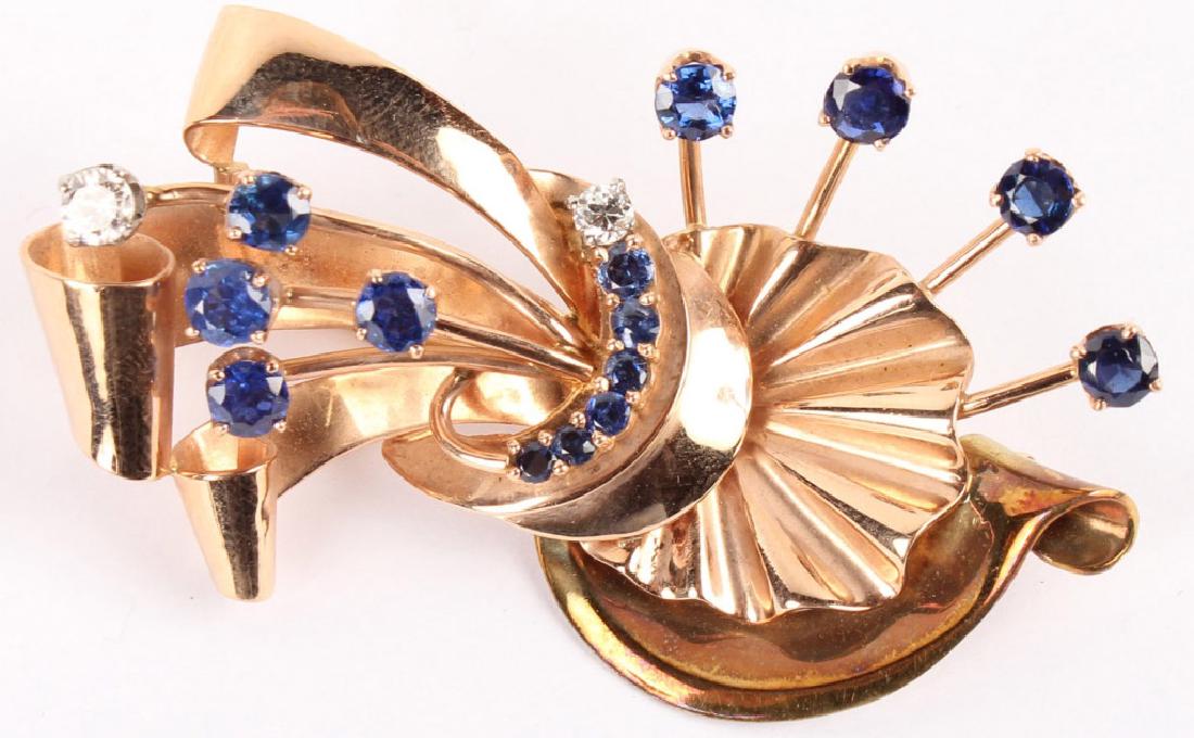 14K TWO TONE DIAMOND & SAPPHIRE ART DECO BROOCH (1 of 4)