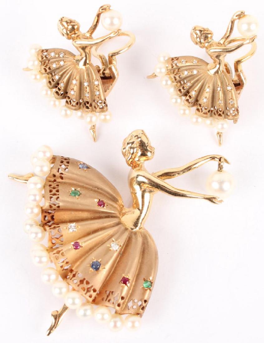 14K YELLOW GOLD BALLERINA BROOCH & EARRINGS (1 of 5)