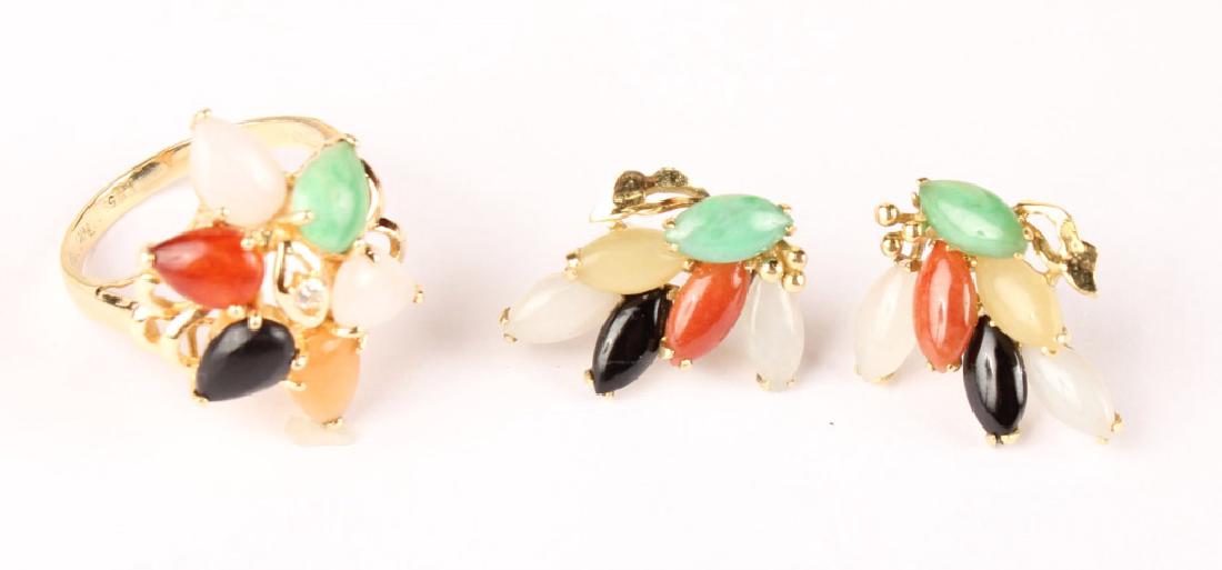 14KT YELLOW GOLD MULTICOLOR JADE RING & EARRINGS (1 of 3)