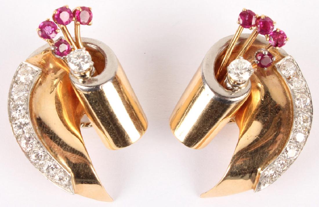 14KT ART DECO TWO TONE DIAMOND RUBY EARRINGS (1 of 4)
