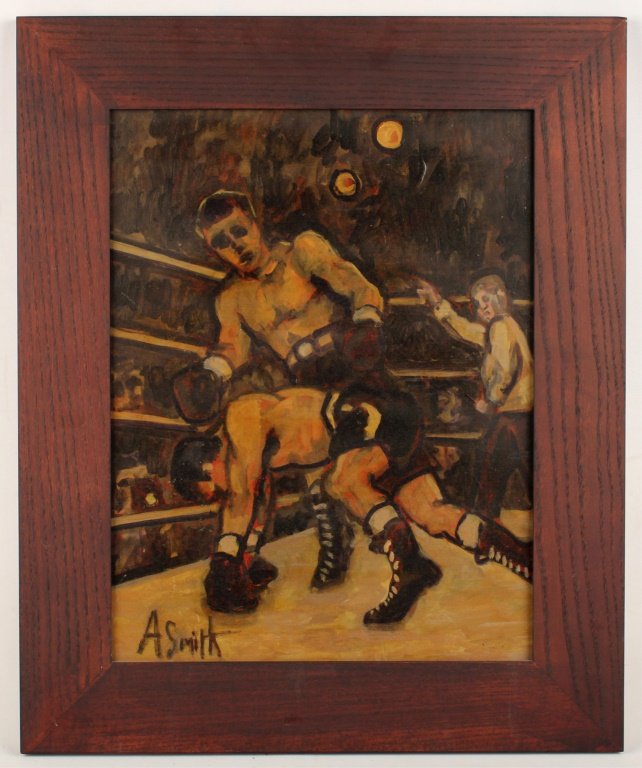 ARTHUR SMITH BOXING SCENE PAINTING OIL ON MASONITE: ARTHUR SMITH BOXING SCENE PAINTING OIL ON MASONITE Arthur Smith (American, 20th century), oil on masonite, from Boxing Series, signed "A. Smith" in lower right. Set in wood frame. Board size: 14 x 18"