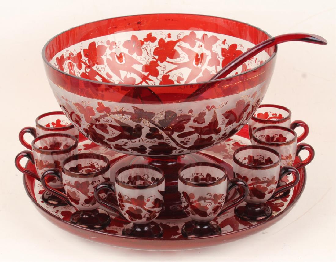 ETCHED CRANBERRY GLASS PUNCH BOWL & CUPS SET Mar 28, 2018 Manor Auctions in FL