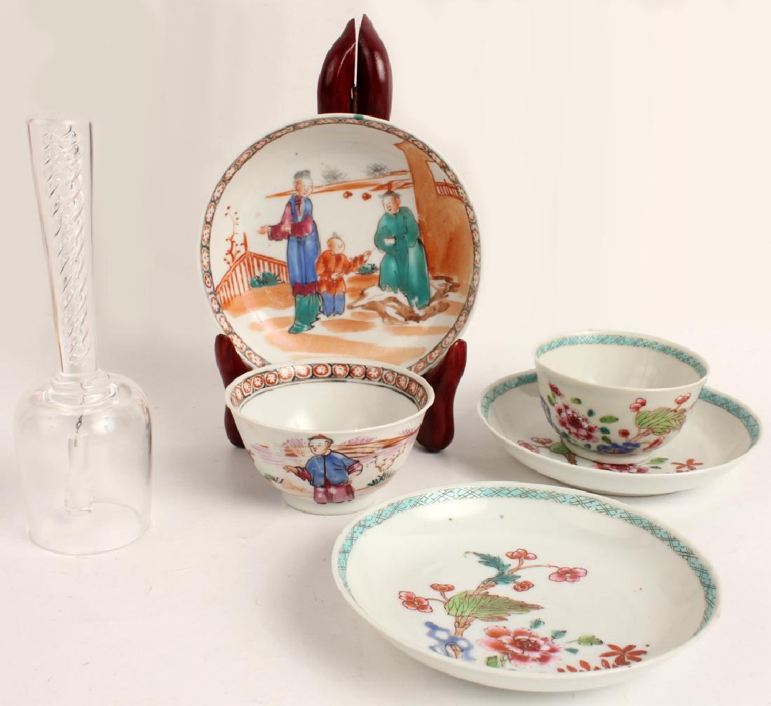 TWO ASIAN TEACUPS MATCHING SAUCERS & CRYSTAL BELL (1 of 4)