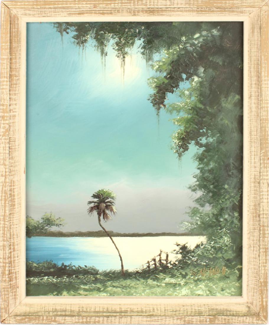 SAM NEWTON FLORIDA HIGHWAYMEN MOONLIT WETLAND OIL: SAM NEWTON FLORIDA HIGHWAYMEN MOONLIT WETLAND OIL Samuel Newton (American, b. 1948) Florida Highwaymen artist oil on Upson board painting, depicting a moonlit bent palm wetland scene. Signed lower rig