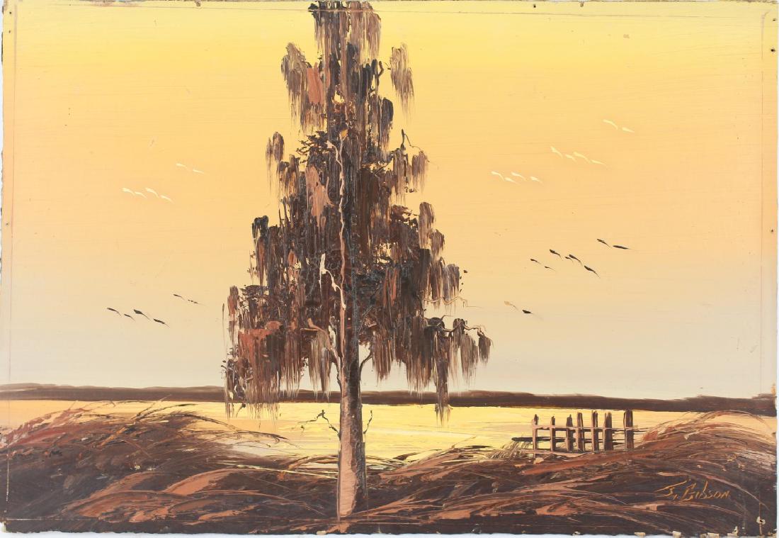 JAMES GIBSON FLORIDA HIGHWAYMEN SEPIA SUNSET OIL: JAMES GIBSON FLORIDA HIGHWAYMEN SEPIA SUNSET OIL James Gibson (American, 1938-2017) Florida Highwaymen artist, oil on upson board depicting a sepia tone sunset. Signed lower right, rough cut, unframed