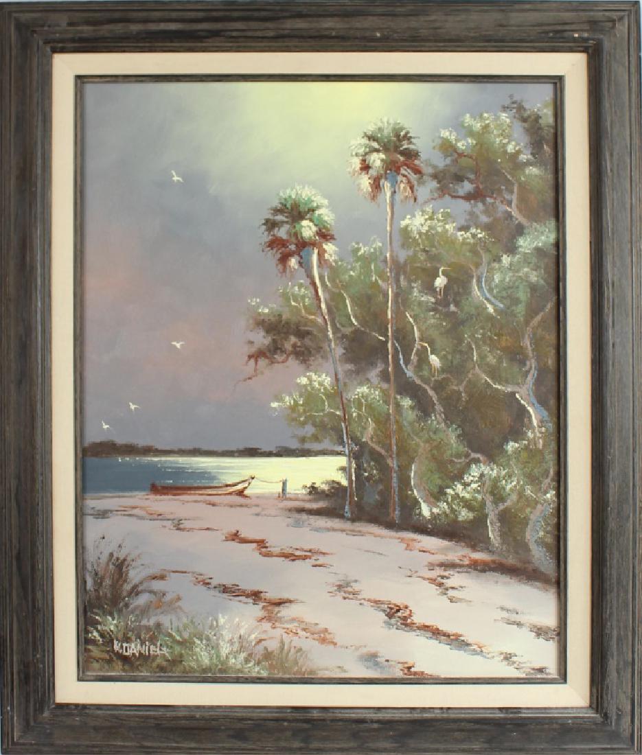 WILLIE DANIELS HIGHWAYMEN MOONLIT WETLAND OIL: WILLIE DANIELS HIGHWAYMEN MOONLIT WETLAND OIL Willie Daniels (American, b.1953), Florida Highwaymen. Florida landscape oil on canvas depicting a moonlit Florida beach under the moonlight. Signed lower