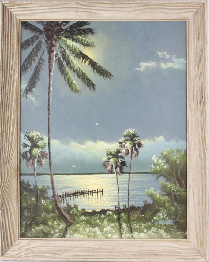 WILLIE DANIELS HIGHWAYMEN MOONLIT WETLAND OIL: WILLIE DANIELS HIGHWAYMEN MOONLIT WETLAND OIL Willie Daniels (American, b.1953), Florida Highwaymen. Florida landscape oil on canvas depicting a moonlit coastal dock scene. Signed lower right. Set in