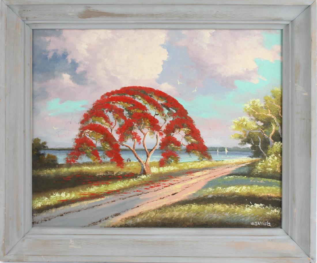 WILLIE DANIELS HIGHWAYMEN ROYAL POINCIANA OIL: WILLIE DANIELS HIGHWAYMEN ROYAL POINCIANA OIL Willie Daniels (American, b.1953), Florida Highwaymen. Florida landscape oil on board depicting a royal Poinciana tree along a path at waters edge. Signed