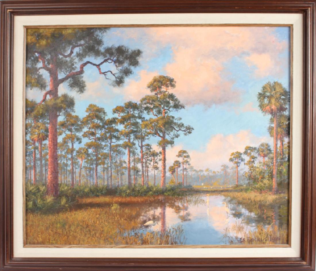 ALBERT BACKUS FLORIDA BACKWOODS MARSH LANDSCAPE: ALBERT BACKUS FLORIDA BACKWOODS MARSH LANDSCAPE Albert Ernest Backus (American, 1906-1990), "Beanie Backus" of the Indian River School, oil on canvas painting depicting a backwoods Florida wetland und