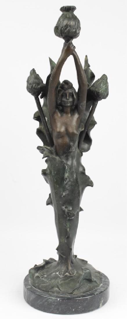 JULIEN CAUSSE LE CHARDON FRENCH BRONZE STATUE: JULIEN CAUSSE LE CHARDON FRENCH BRONZE STATUE After J. Causse (French, 1869-1914) Bronze statue entitled "Le Chardon". Depicts girl wrapped in flowers, set on green marble base. Size: 21"