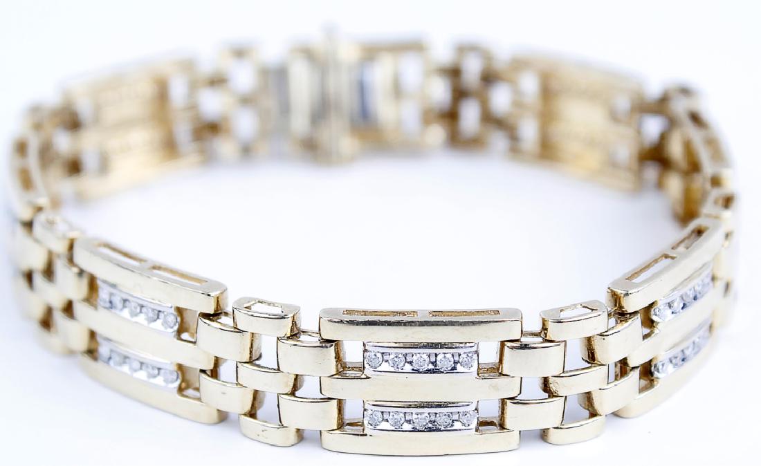 14K YELLOW GOLD BRACELET WITH DIAMONDS: 14K YELLOW GOLD BRACELET WITH DIAMONDS 14K Yellow gold bracelet with (80) .03CT round diamonds in bezel settings in clusters of 5 with Copenhagen links, 13 mm wide. 2.4 CTTW Weight: 30.1 Size: 8.5 IN
