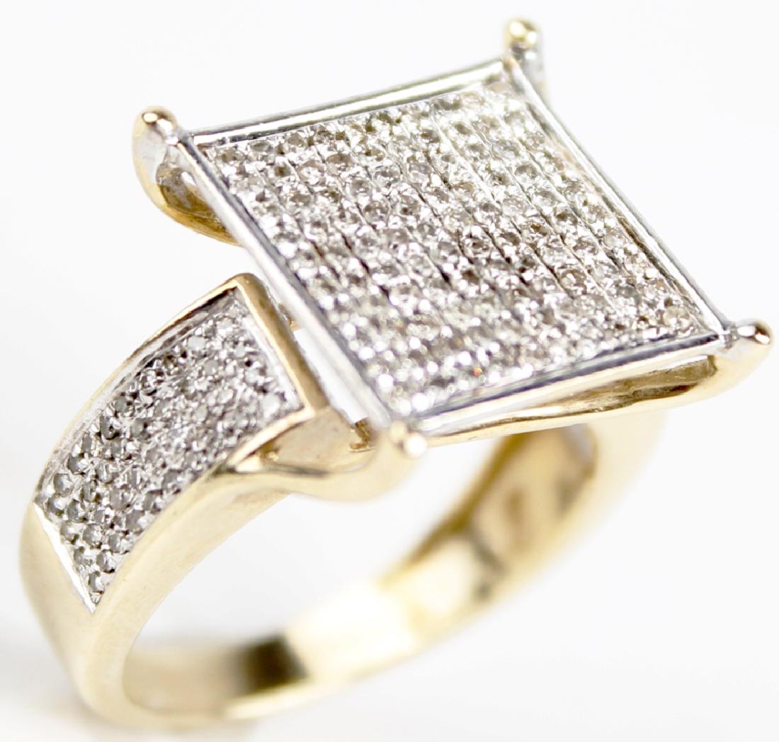 10K YELLOW GOLD DIAMOND LADIES DESIGNER RING: 10K YELLOW GOLD DIAMOND LADIES DESIGNER RING 10k yellow gold diamond ladies designer J. Rodeo Custom ring. Four prong micro pave cluster setting with (180) round micro pave diamonds. 0.90Cttw. Weight: