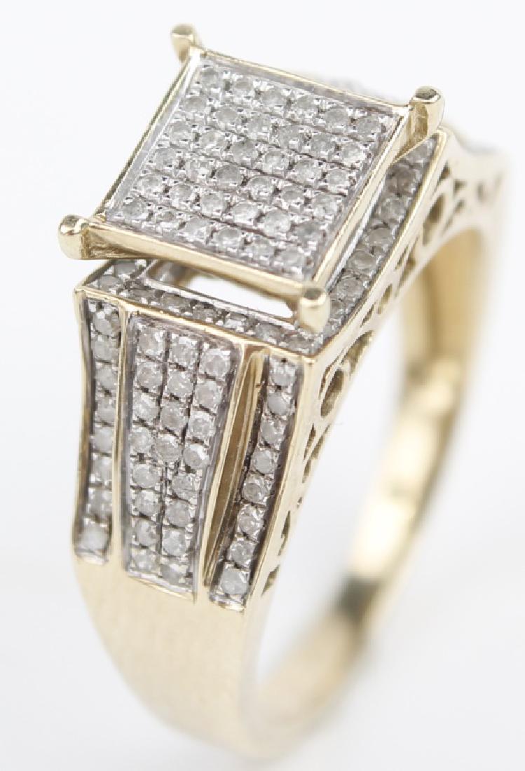 10K YELLOW GOLD DIAMOND LADIES RING: 10K YELLOW GOLD DIAMOND LADIES RING 10K yellow gold ladies custom diamond ring with 36 micro pave diamonds in a square on a four prong setting accompanied by 34 micro pave diamonds encased on the band