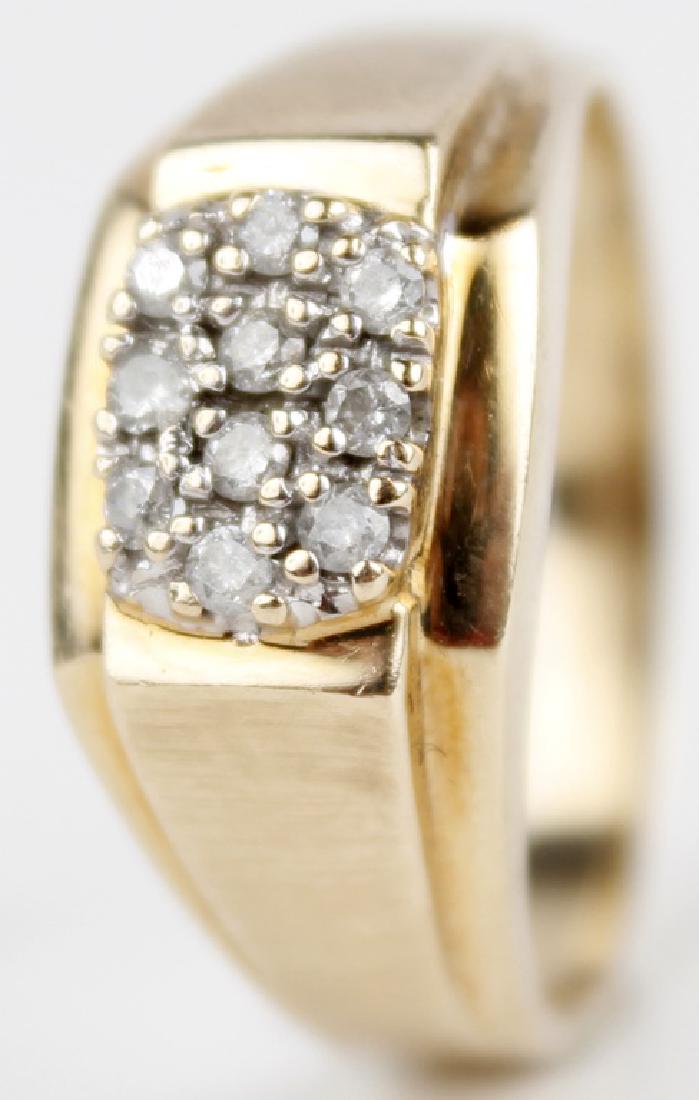 10K YELLOW GOLD PRONG SETTING MENS DIAMOND RING: 10K YELLOW GOLD PRONG SETTING MENS DIAMOND RING 10k yellow gold men's diamond ring. Diamonds are in a prong setting in an oval cluster, composed of (10) .01K diamonds, .1 CTTW Weight: 5g Size: 10