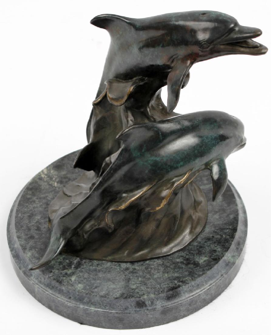 BRONZE DOLPHIN SCULPTURE DALE EVERS: BRONZE DOLPHIN SCULPTURE DALE EVERS Dale Evers (American b. 1955), The Majestic Dolphin, bronze sculpture, signed on base, edition 39/250, overall (with marble base). Size: 6" x 9"