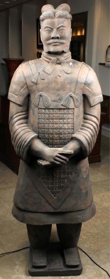 TERRACOTTA CHINESE WARRIOR STATUE - LIFE SIZE: TERRACOTTA CHINESE WARRIOR STATUE - LIFE SIZE Terracotta Chinese warrior statue, hand crafted by the descendents of the original terracotta soldier army. Authentic size and creation structure, in grea