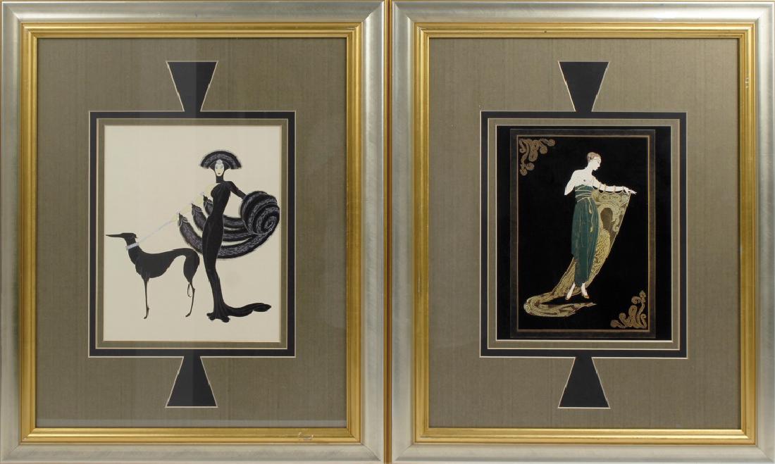 ERTÉ FRAMED LITHOGRAPHS LOT OF 2: ERTÉ FRAMED LITHOGRAPHS LOT OF 2 Erte (RUSSIAN/FRENCH, 1892-1990) lithographic prints; unsigned. Lot of two. (1) depicting a woman black dress with greyhound dog. Titled 'Symphony in Black'. (2) depi