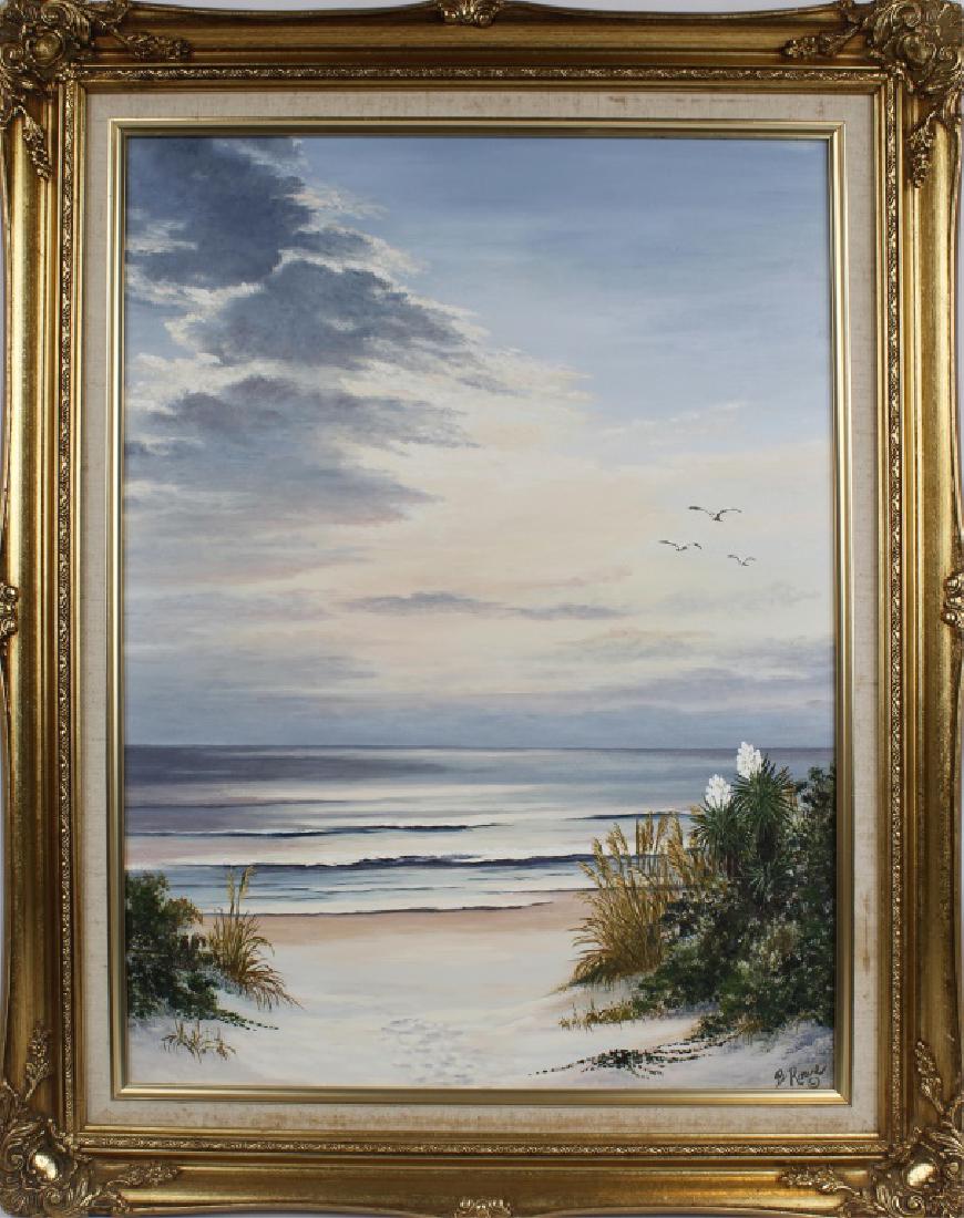 BETTY ROWE FLORIDA ARTIST OIL ON CANVAS: BETTY ROWE FLORIDA ARTIST OIL ON CANVAS Contemporary Florida artist Betty Rowe, beach landscape oil on canvas. A beautiful pastel ocean scene with crashing waves and clouds rolling by. Canvas measures