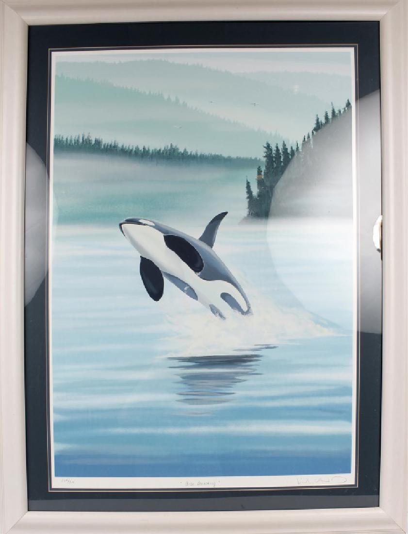 ROBERT WYLAND "ORCA BREACHING" SIGNED LITHOGRAPH: ROBERT WYLAND "ORCA BREACHING" SIGNED LITHOGRAPH Robert Wyland, American Marine Life Artist (b. 1956) Signed Lithograph #164/ 300. Blue matte with white frame. Titled "Orca Breaching" is a limited edi