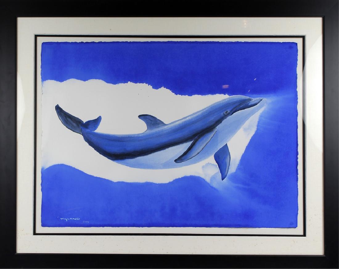 ROBERT WYLAND "A DOLPHIN DAY" WATERCOLOR PAINTING: ROBERT WYLAND "A DOLPHIN DAY" WATERCOLOR PAINTING Robert Wyland, American Marine Life Artist (b. 1956). "A Dolphin Day" - Watercolor painting on Artist Board. Watercolor painting of a solo dolphin in 