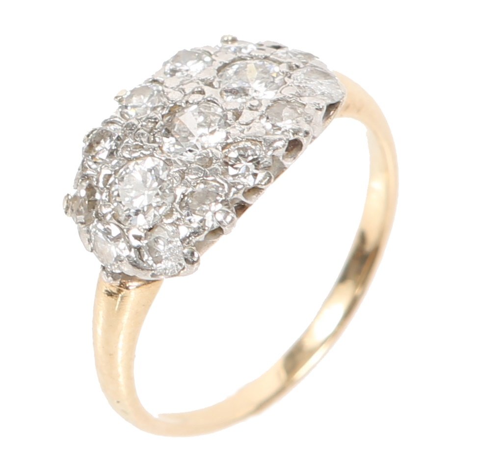 LADIES 14K YELLOW GOLD DIAMOND COCKTAIL RING: LADIES 14K YELLOW GOLD DIAMOND COCKTAIL RING Ladies 14k yellow gold antique diamond cocktail ring featuring three .08ct center European cut diamonds accented by twelve approximately .02ct diamonds. .4