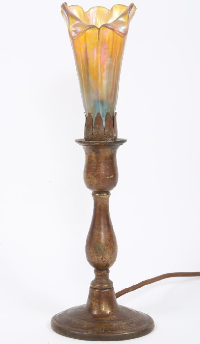 TIFFANY STUDIOS LCT FAVRILE DAMASCENE GLASS LAMP: TIFFANY STUDIOS LCT FAVRILE DAMASCENE GLASS LAMP Tiffany studios LCT Favrile damascene art glass lamp with brass base. Size: 15"