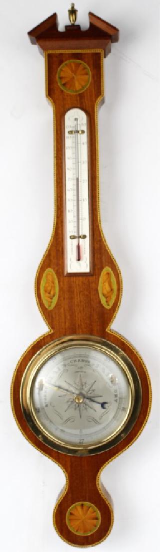 EARLY 19TH CENTURY BANJO BAROMETER: EARLY 19TH CENTURY BANJO BAROMETER Early 19th century English George III period mahogany banjo barometer with inlaid shell detail. This piece includes a pediment top above a thermometer with silvered 