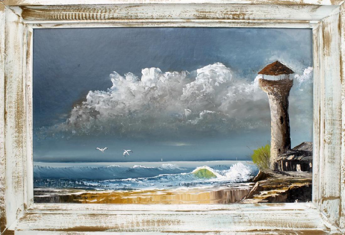 HORACE FOSTER FLORIDA BEACH SCENE LIGHTHOUSE OIL: HORACE FOSTER FLORIDA BEACH SCENE LIGHTHOUSE OIL Horace Foster (American, contemporary), oil on board depicting a Florida beach scene with lighthouse and clouds in the background. Signed in lower left
