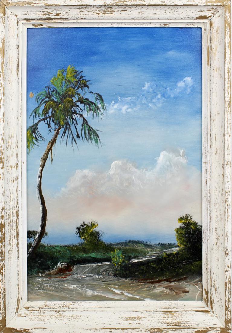 HORACE FOSTER FLORIDA ARTIST LONE PALM OIL: HORACE FOSTER FLORIDA ARTIST LONE PALM OIL Horace Foster (American, Contemporary), Florida artist oil on Masonite. Florida wetland scene with a single palm tree to the right of the board. Signed lower