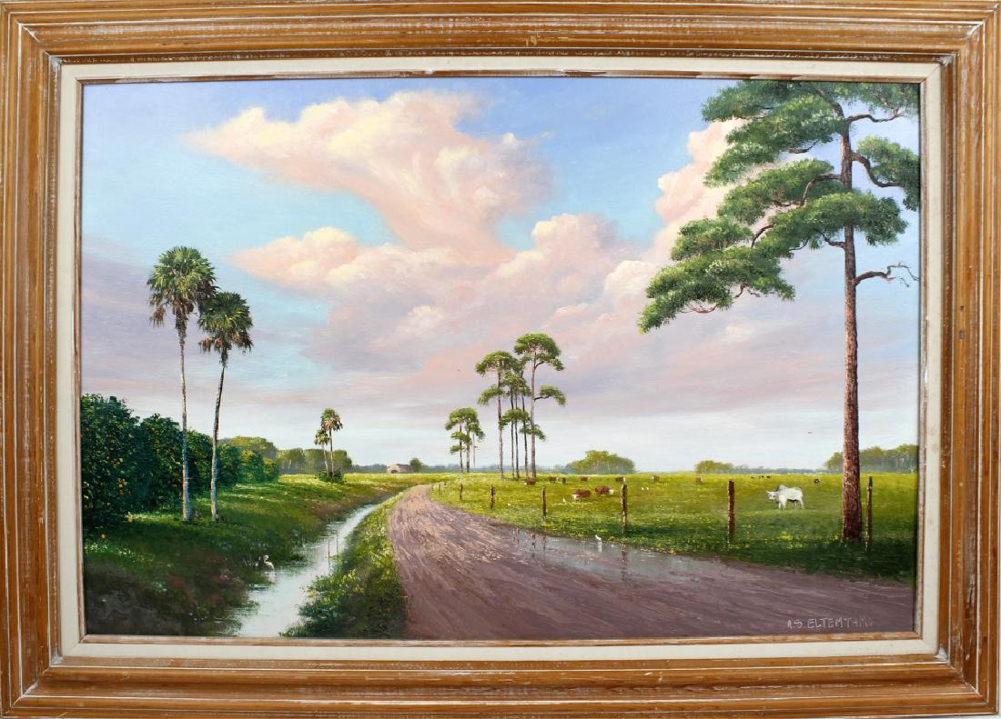 AHMED ELTEMTAMY FLORIDA ARTIST INDIAN RIVER CANAL: AHMED ELTEMTAMY FLORIDA ARTIST INDIAN RIVER CANAL Ahmed S. Eltemtamy (Egyptian-American, b.1980), oil on masonite board. Indian River canal scene with a cow pasture and orange grove. Signed lower righ