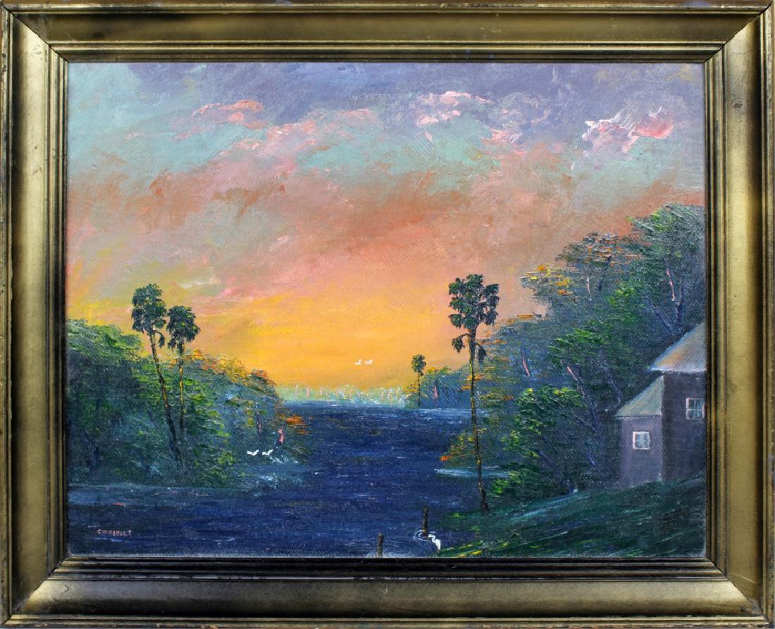 CHICO WHEELER FLORIDA HIGHWAYMEN SUNSET OIL: CHICO WHEELER FLORIDA HIGHWAYMEN SUNSET OIL Charles "Chico" Wheeler (b.1946) Florida Highwaymen oil painting on Masonite board. Bright orange sunset scene with heavily textured foliage and deep blue w