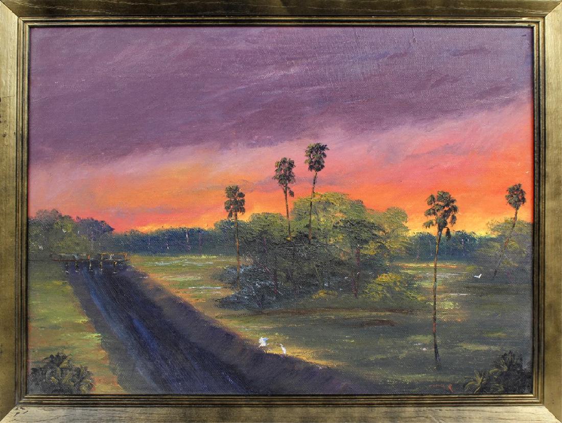 CHICO WHEELER FLORIDA HIGHWAYMEN CANAL SUNSET OIL: CHICO WHEELER FLORIDA HIGHWAYMEN CANAL SUNSET OIL Charles "Chico" Wheeler (b.1946), Florida Highwaymen artist oil on Masonite. Sunset canal scene with vibrant orange pink and purple sky. Signed lower 