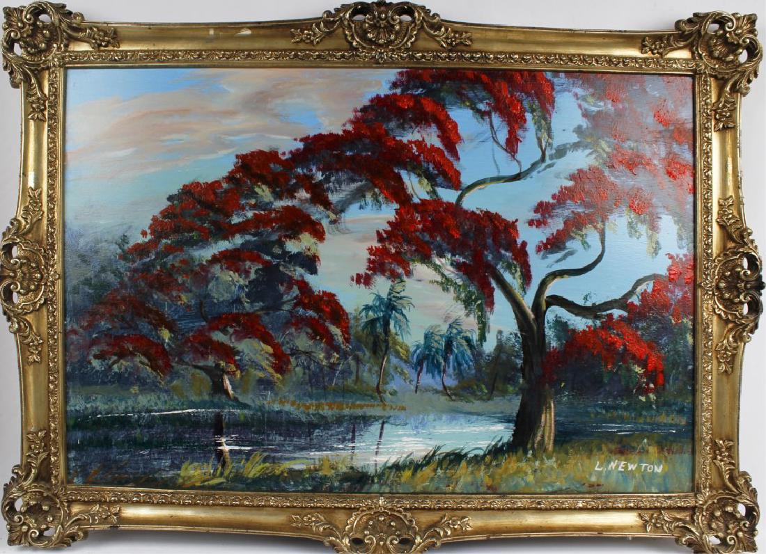 LEMUEL NEWTON HIGHWAYMEN ROYAL POINCIANA OIL: LEMUEL NEWTON HIGHWAYMEN ROYAL POINCIANA OIL Lemuel Newton (1950-2014), Florida highwaymen artist, oil on Masonite board. Commissioned Royal Poinciana tree, with rich colors and interesting perspectiv
