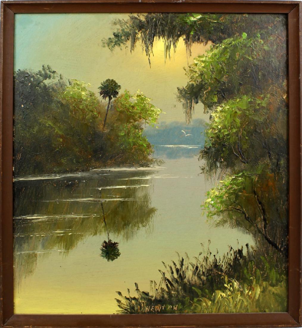 LEMUEL NEWTON FLORIDA HIGHWAYMEN RIVER & MOSS OIL: LEMUEL NEWTON FLORIDA HIGHWAYMEN RIVER & MOSS OIL Lemuel Newton (1950 - 2014) Florida Highwaymen artist oil on Upson board. St. Lucie river scene wtih reflective waters and Spanish moss on the right s