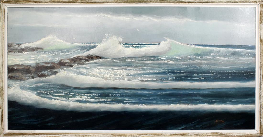 SAM NEWTON FLORIDA HIGHWAYMEN BLUE SEAS ON UPSON BOARD: SAM NEWTON FLORIDA HIGHWAYMEN BLUE SEAS ON UPSON BOARD Sam Newton (b. 1948), Florida highwaymen oil on upson board. Ocean front seascape with deep blue waters and crashing white top waves. Signature t