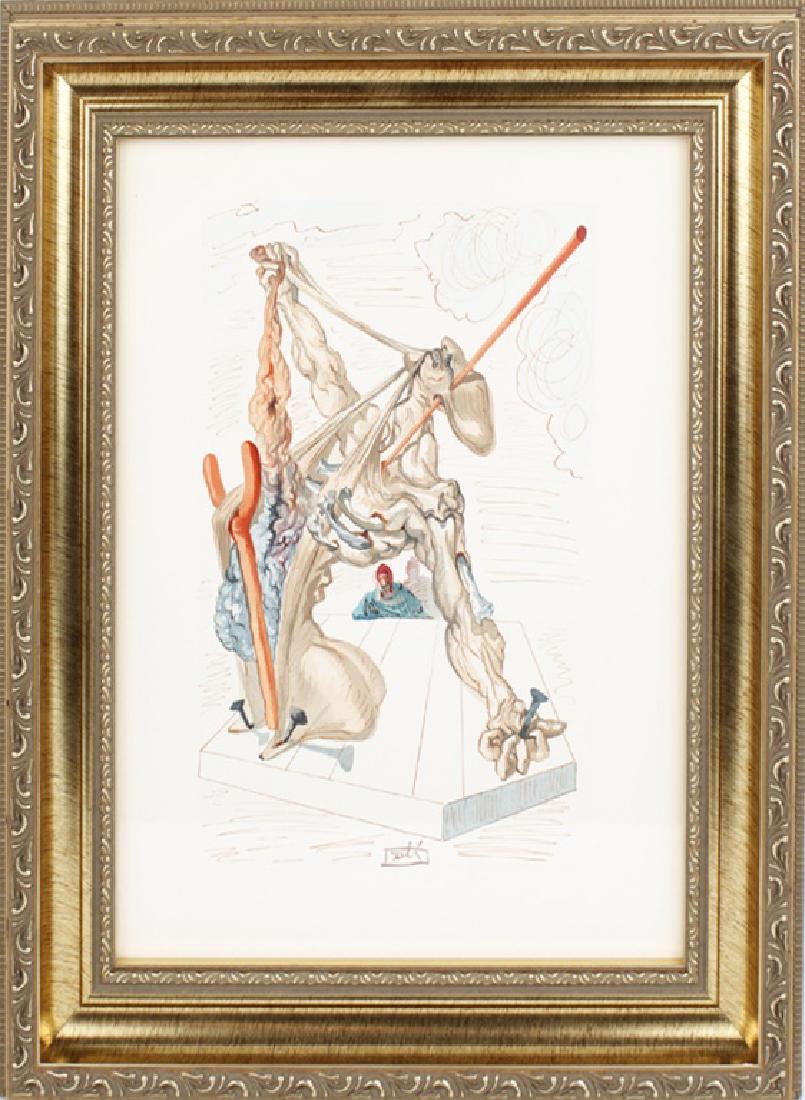 SALVADORE DALI DIVINE COMEDY 29 WOODCUT PRINT: SALVADORE DALI DIVINE COMEDY 29 WOODCUT PRINT Salvadore Dali woodcut print, Abstract alien ripping itself apart and while nailed to the ground, signed in the plate, includes COA, print measures 10" x 