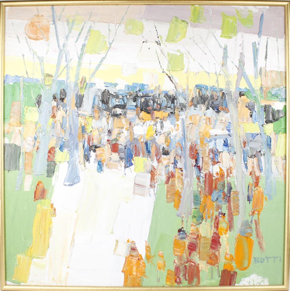 GEORGE ITALO BOTTI ORIGINAL OIL ON CANVAS: GEORGE ITALO BOTTI ORIGINAL OIL ON CANVAS George Italo Botti (American, 1923-2003) Original Oil on Canvas. titled " The Gathering" depicts an Abstract park gathering midday signed lower right, canvas 